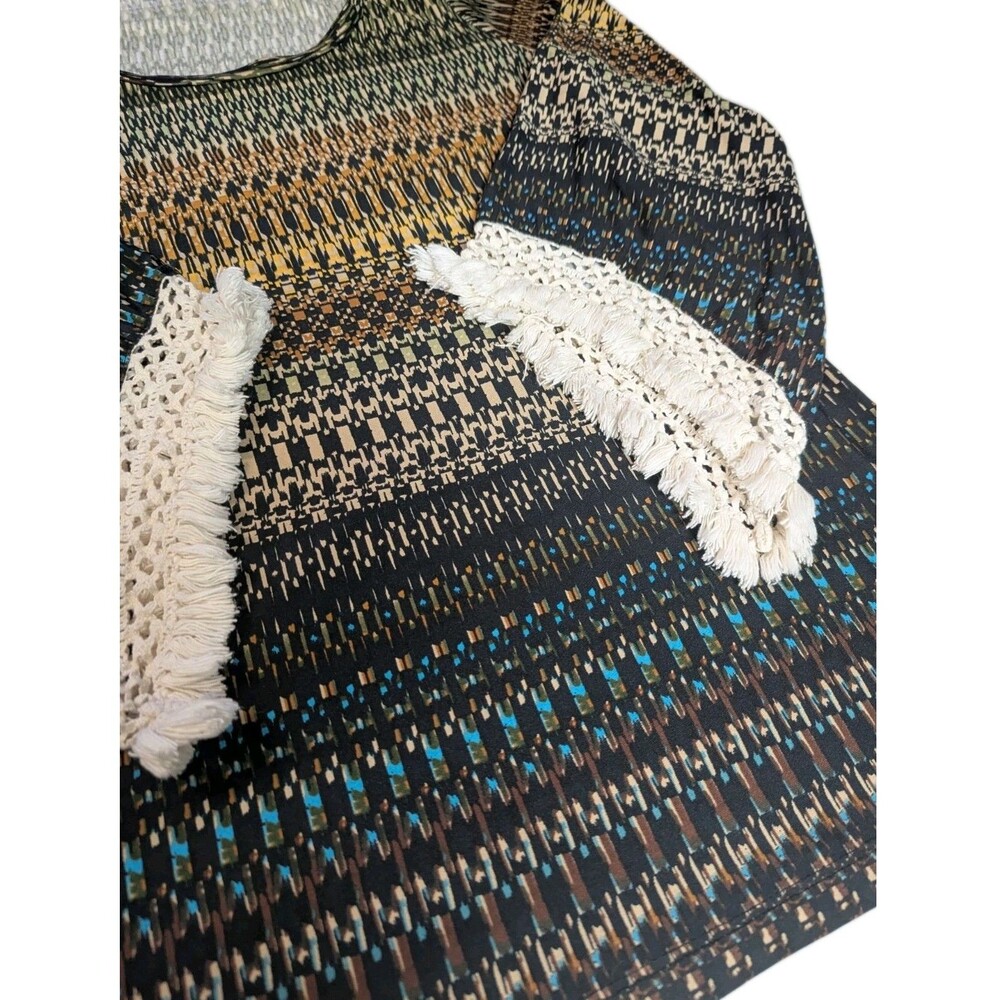 Melissa Paige Boho Geometric Print Top Large Crochet Fringe Bell Sleeve... - Picture 7 of 15
